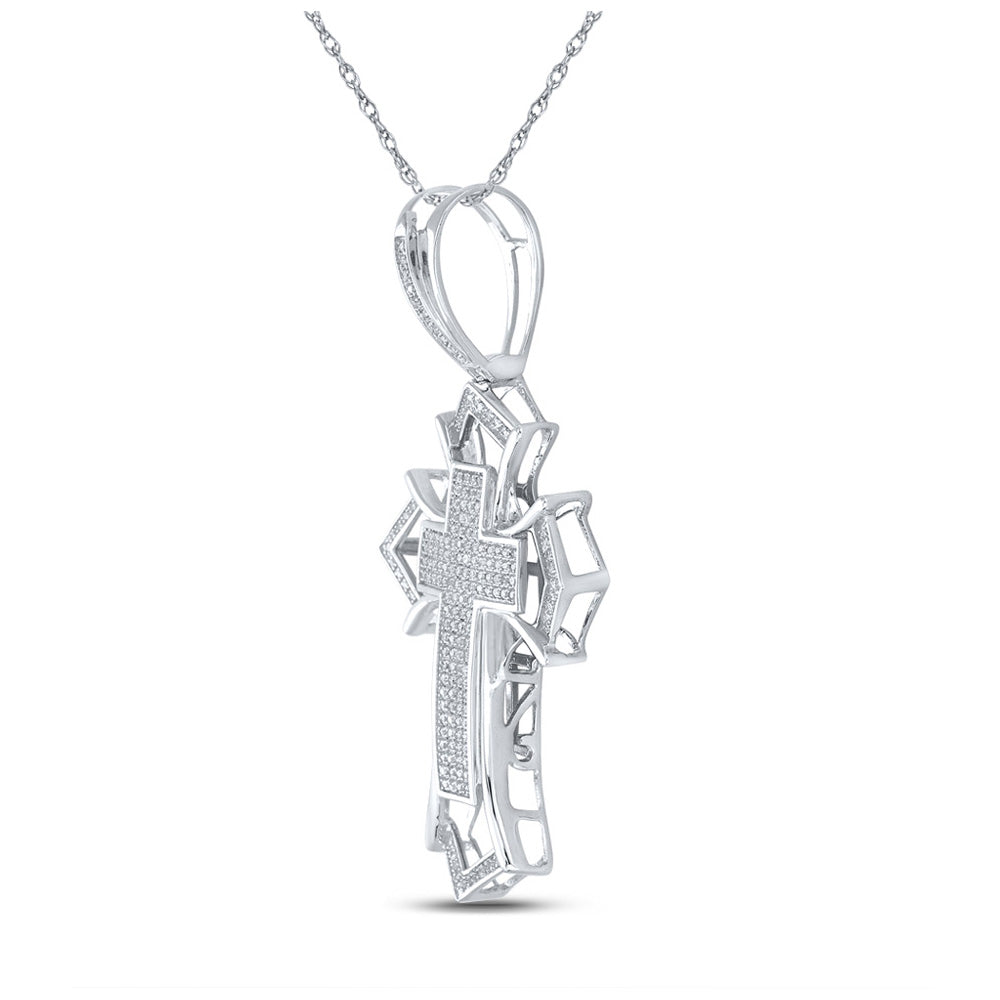 STERLING SILVER ROUND DIAMOND GOTHIC CROSS CHARM PENDANT 1/2 CTTW