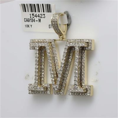 10K YELLOW GOLD ROUND DIAMOND M INITIAL LETTER CHARM PENDANT 3-1/5 CTTW