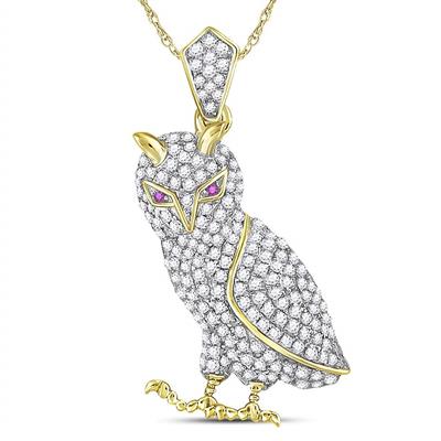 10KT YELLOW GOLD ROUND DIAMOND OWL BIRD ANIMAL CHARM PENDANT 1 CTTW