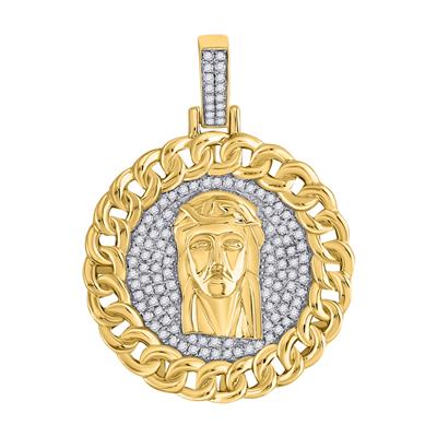 10KT YELLOW GOLD ROUND DIAMOND CUBAN LINK CIRCLE JESUS FACE PENDANT 1 CTTW