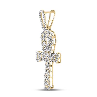 10K YELLOW GOLD ROUND DIAMOND ANKH CROSS CHARM PENDANT 7/8 CTTW