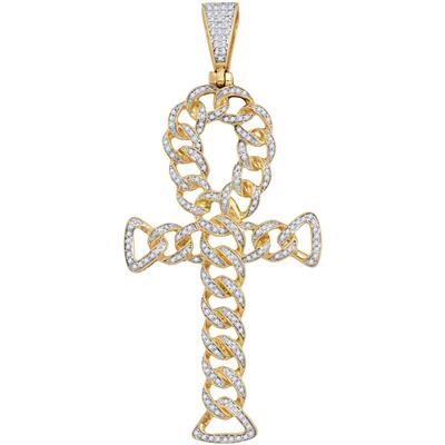 10K YELLOW GOLD ROUND DIAMOND ANKH CROSS CUBAN LINK CHARM PENDANT 7/8 CTTW