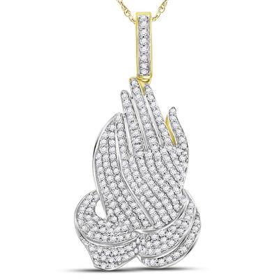 10K YELLOW GOLD ROUND DIAMOND PRAYING HANDS CHARM PENDANT 1-5/8 CTTW