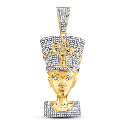 10K YELLOW GOLD ROUND DIAMOND NEFERTITI PHARAOH CHARM PENDANT 1-1/3 CTTW