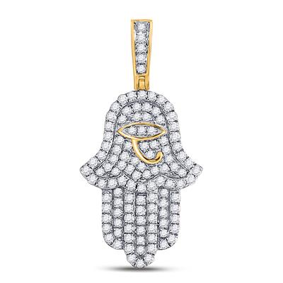 10K YELLOW GOLD ROUND DIAMOND HAMSA EYE OF RA CHARM PENDANT 1-1/4 CTTW