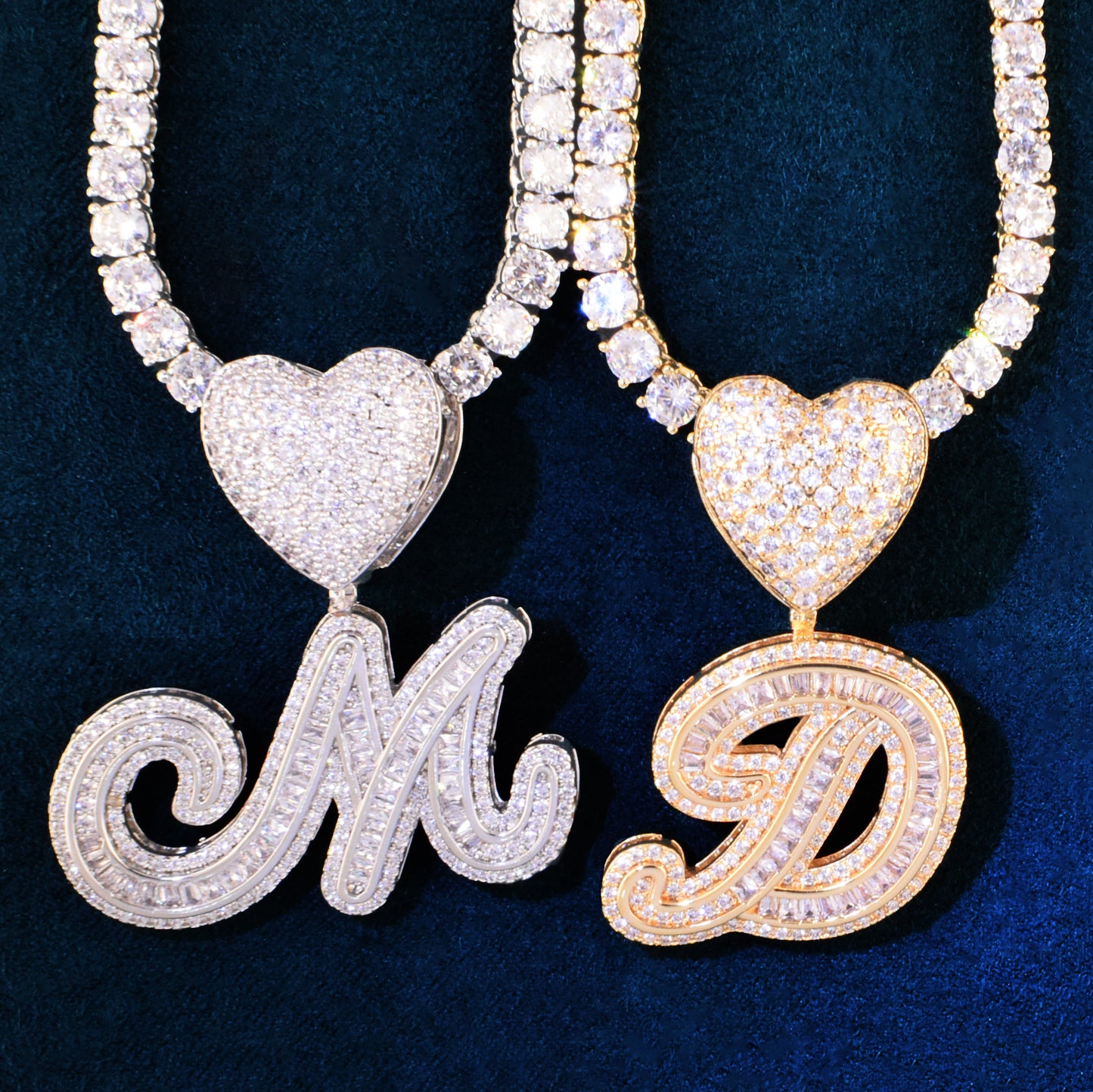 A Z Heart Bail Initial Cursive Letter Pendant With Tennis Chain