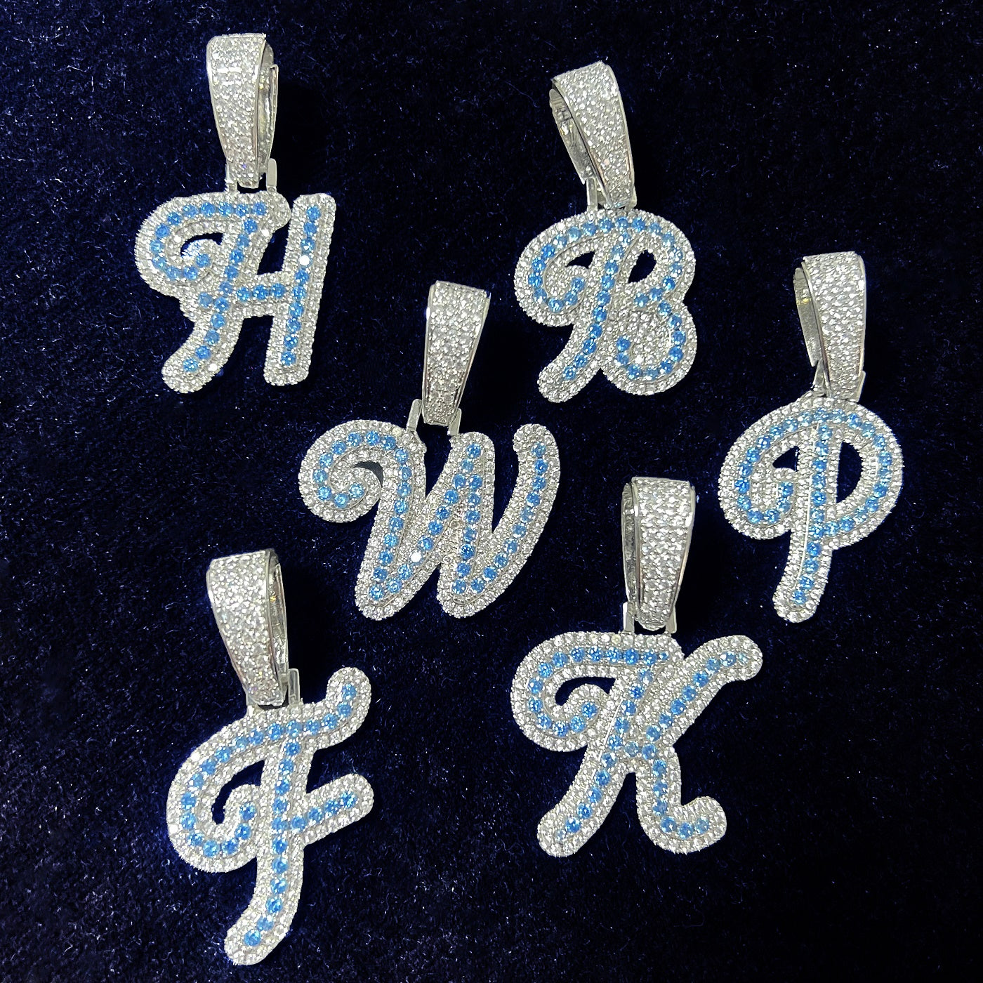 A Z Single Blue Zircon Cursive Letter Hip Hop Pendant Necklace