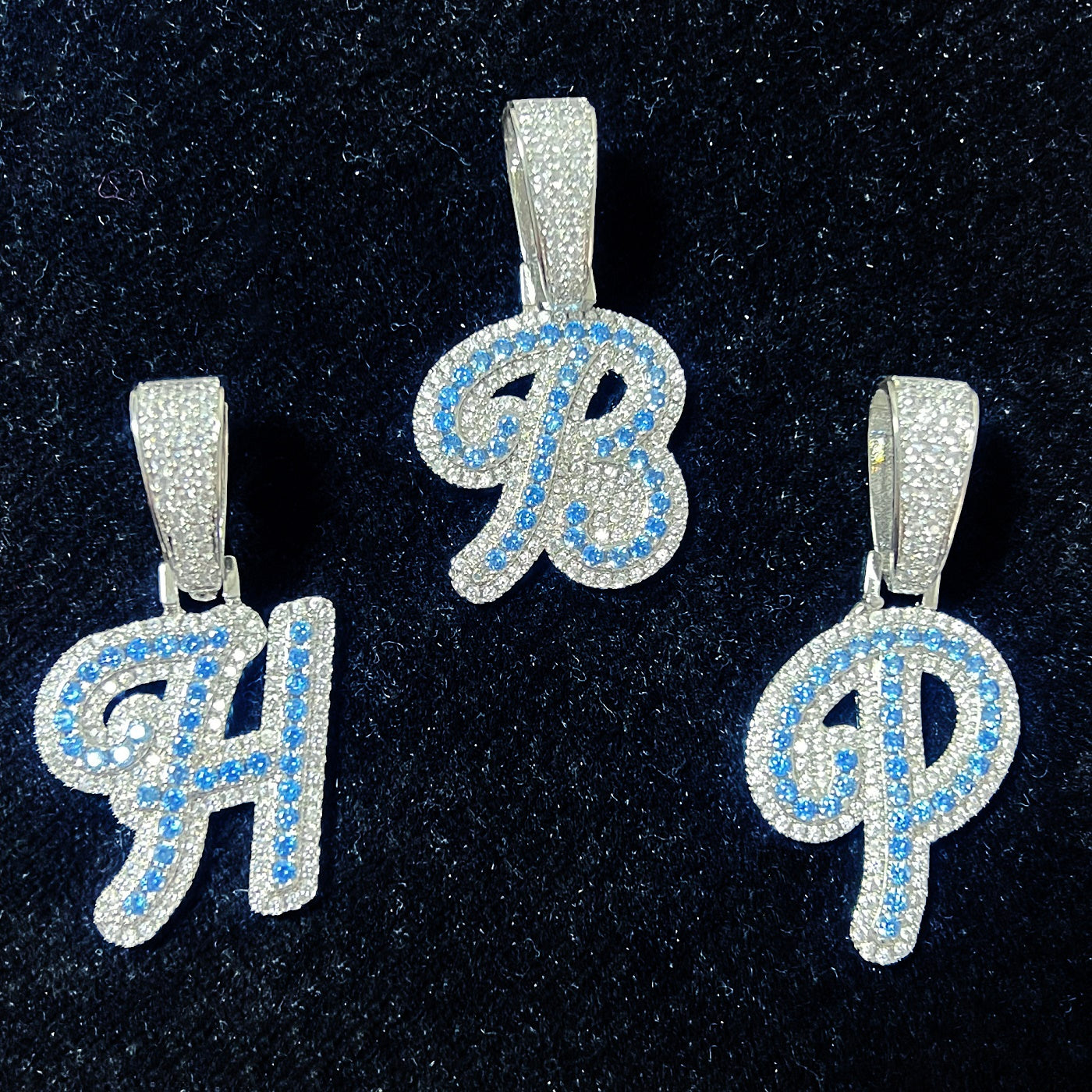 A Z Single Blue Zircon Cursive Letter Hip Hop Pendant Necklace