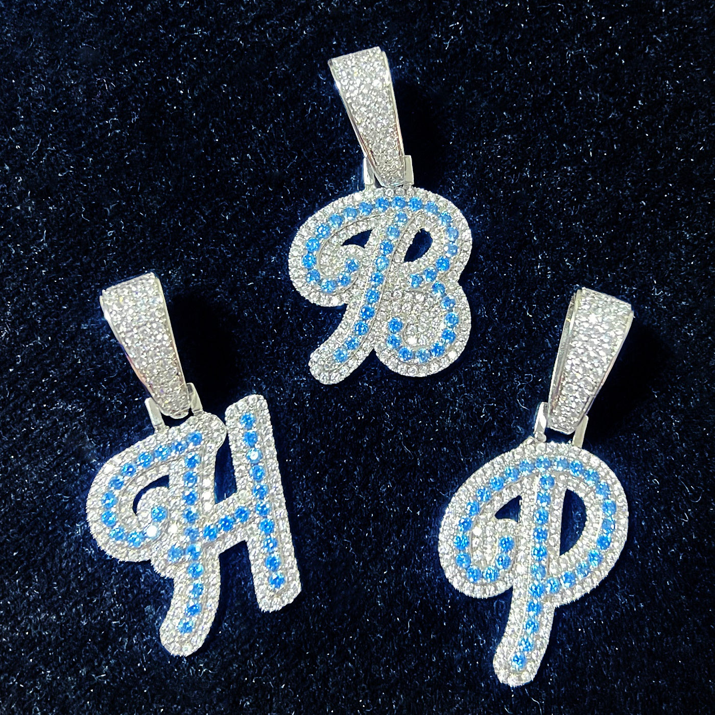A Z Single Blue Zircon Cursive Letter Hip Hop Pendant Necklace