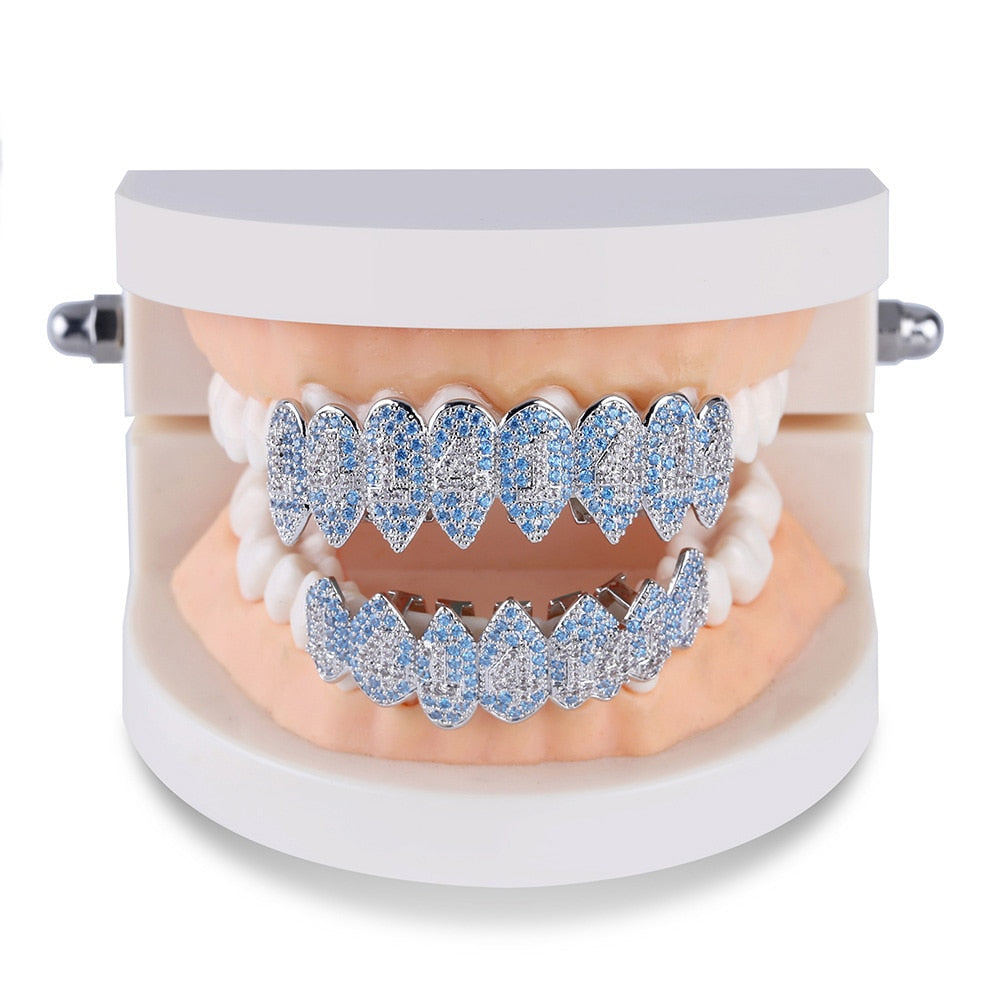 Shark Teeth 1414 Blue & White CZs Iced Out Fangs Top 8 & Bottom Grillz