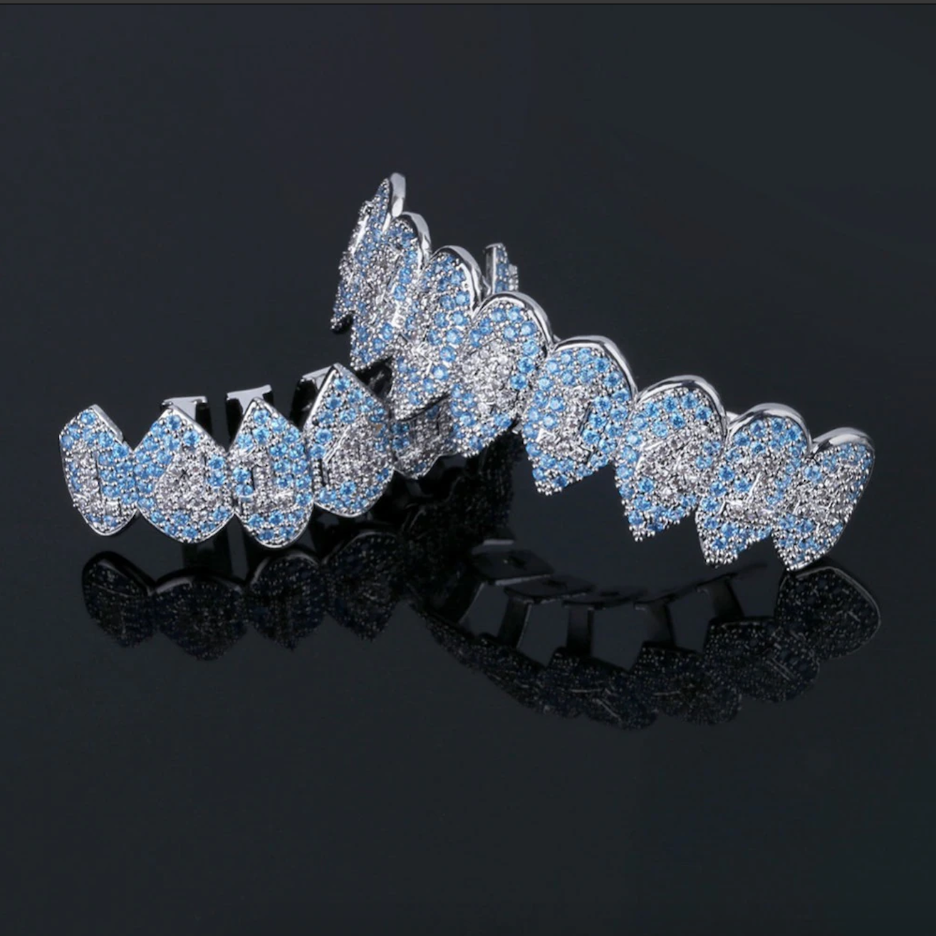 Shark Teeth 1414 Blue & White CZs Iced Out Fangs Top 8 & Bottom Grillz