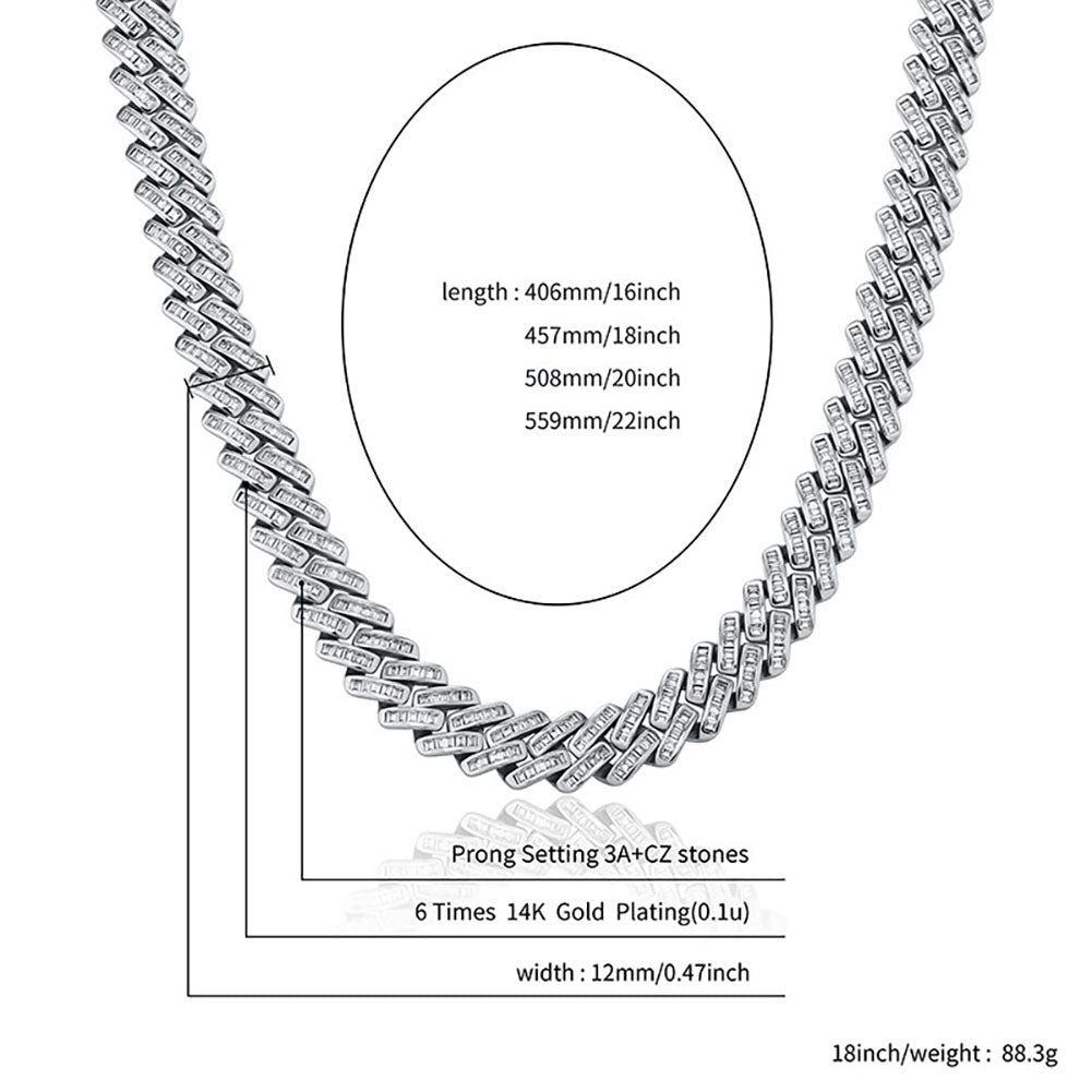 12mm Baguette Prong Cuban Link Necklace