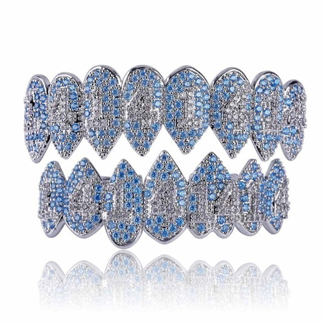 Shark Teeth 1414 Blue & White CZs Iced Out Fangs Top 8 & Bottom Grillz