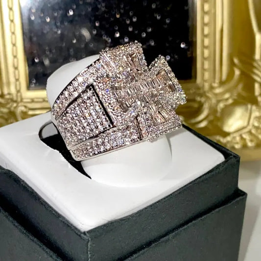 Hiphop Rock Cross Ring VVS Baguette Iced Out 925 Sterling Silver Buss Down Moissanite Ring