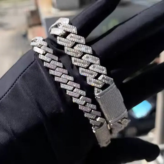 15mm Moissanite Cuban Link Chain VVS Baguette 925 Silver White Gold Plated Bracelet Hip Hop Cuban Chain Chain