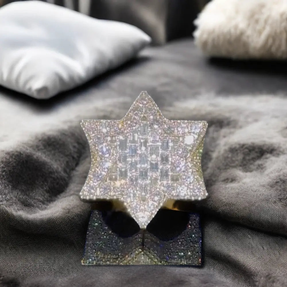VVS Hiphop Iced Round Baguette Star of David Ring 925 Sterling Silver Buss Down Moissanite Ring