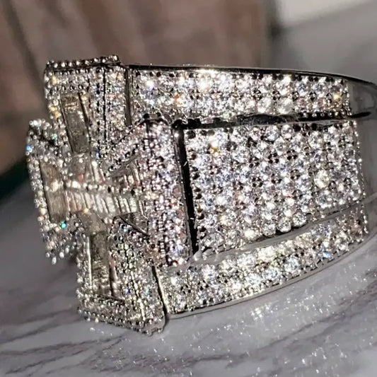 Hiphop Rock Cross Ring VVS Baguette Iced Out 925 Sterling Silver Buss Down Moissanite Ring