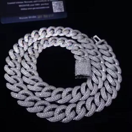 Hip Hop Jewelry 18mm Cuban Chain Necklace Borderless 925 Silver Fully Iced Out Moissanite Cuban Chain