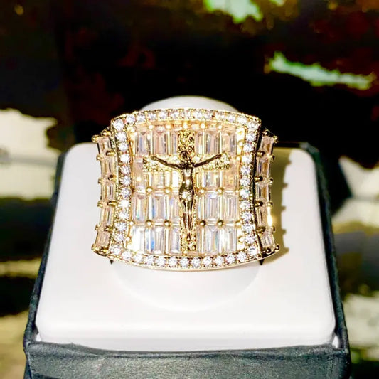 Gold Plated VVS Baguette Iced Out Hiphop Custom Cross Ring 925 Sterling Silver Bling Bling Moissanite Ring