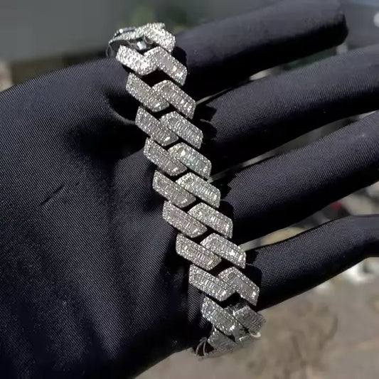 15mm Moissanite Cuban Link Chain VVS Baguette 925 Silver White Gold Plated Bracelet Hip Hop Cuban Chain Chain