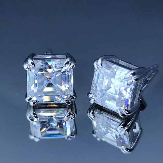Classic 7mm Asscher Cut Stud Earrings Women 18K Solide White Gold Iced Out VVS Moissanite Earrings