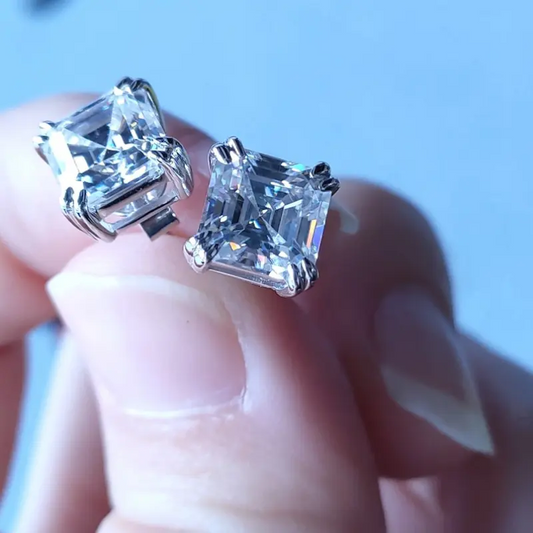 Classic 7mm Asscher Cut Stud Earrings Women 18K Solide White Gold Iced Out VVS Moissanite Earrings