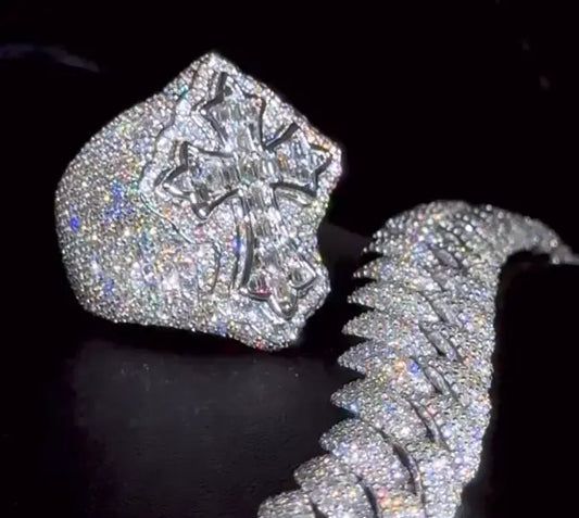 Baguette VVS Moissanite Hiphop Iced Out Cross Ring 925 Sterling Silver Buss Down Custom Moissanite Rings