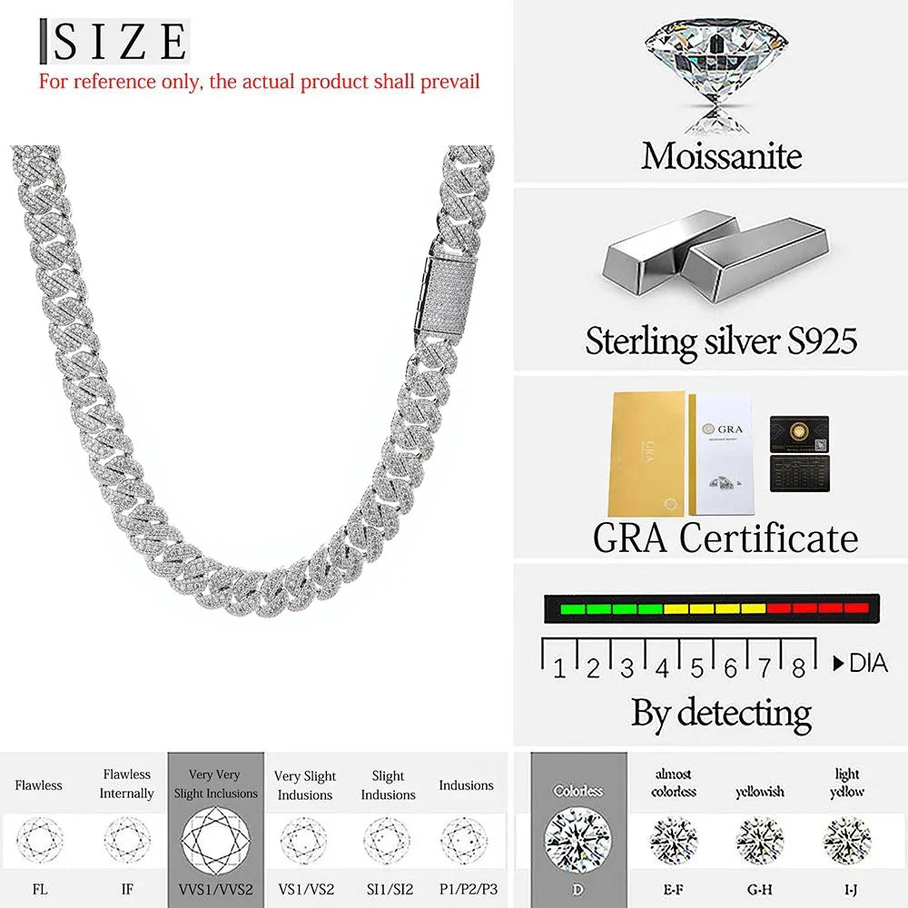 14mm VVS Moissanite Cuban Diamond Chain Hip Hop Cuban Iced Out Chain For Men 925 Sterling Silver