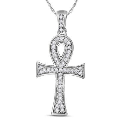 10K WHITE GOLD ROUND DIAMOND ANKH CROSS CHARM PENDANT 1/5 CTTW
