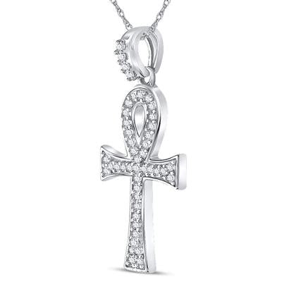 10K WHITE GOLD ROUND DIAMOND ANKH CROSS CHARM PENDANT 1/5 CTTW