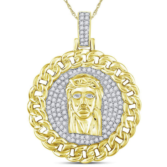 10KT YELLOW GOLD ROUND DIAMOND CUBAN LINK CIRCLE JESUS FACE PENDANT 1 CTTW