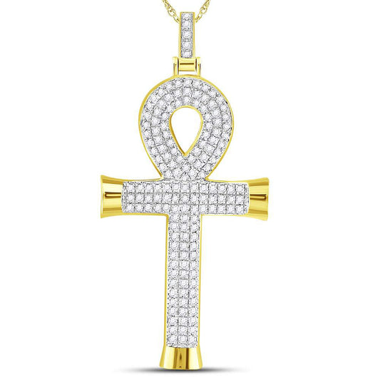 10K YELLOW GOLD ROUND DIAMOND ANKH CROSS CHARM PENDANT 7/8 CTTW