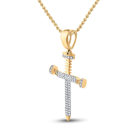 10K YELLOW GOLD ROUND DIAMOND NAIL CROSS CHARM PENDANT 3/8 CTTW