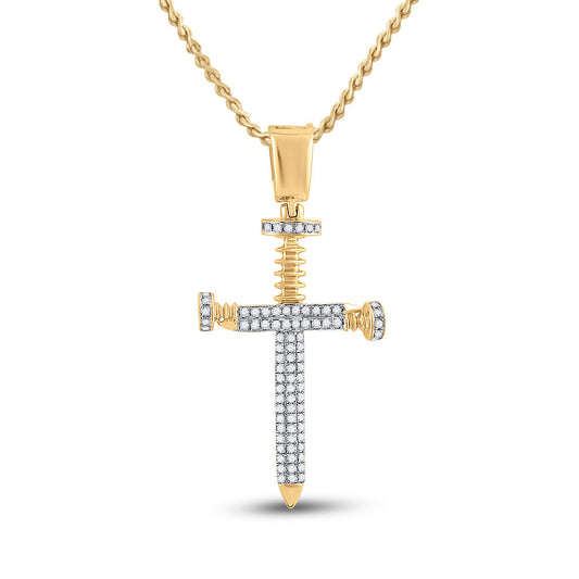 10K YELLOW GOLD ROUND DIAMOND NAIL CROSS CHARM PENDANT 3/8 CTTW