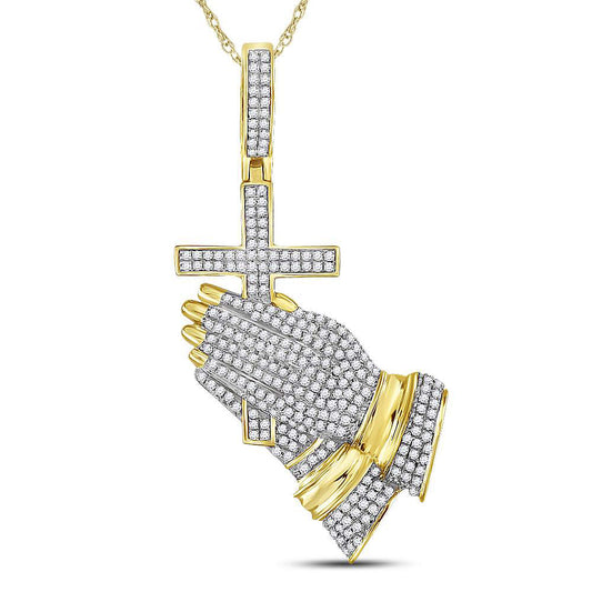 10K YELLOW GOLD ROUND DIAMOND PRAYING HANDS CROSS CHARM PENDANT 7/8 CTTW