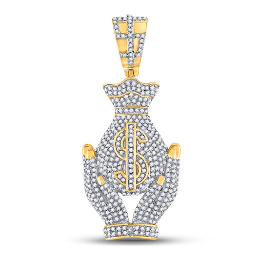 10K YELLOW GOLD ROUND DIAMOND MONEY BAG HANDS CHARM PENDANT 1-1/3 CTTW