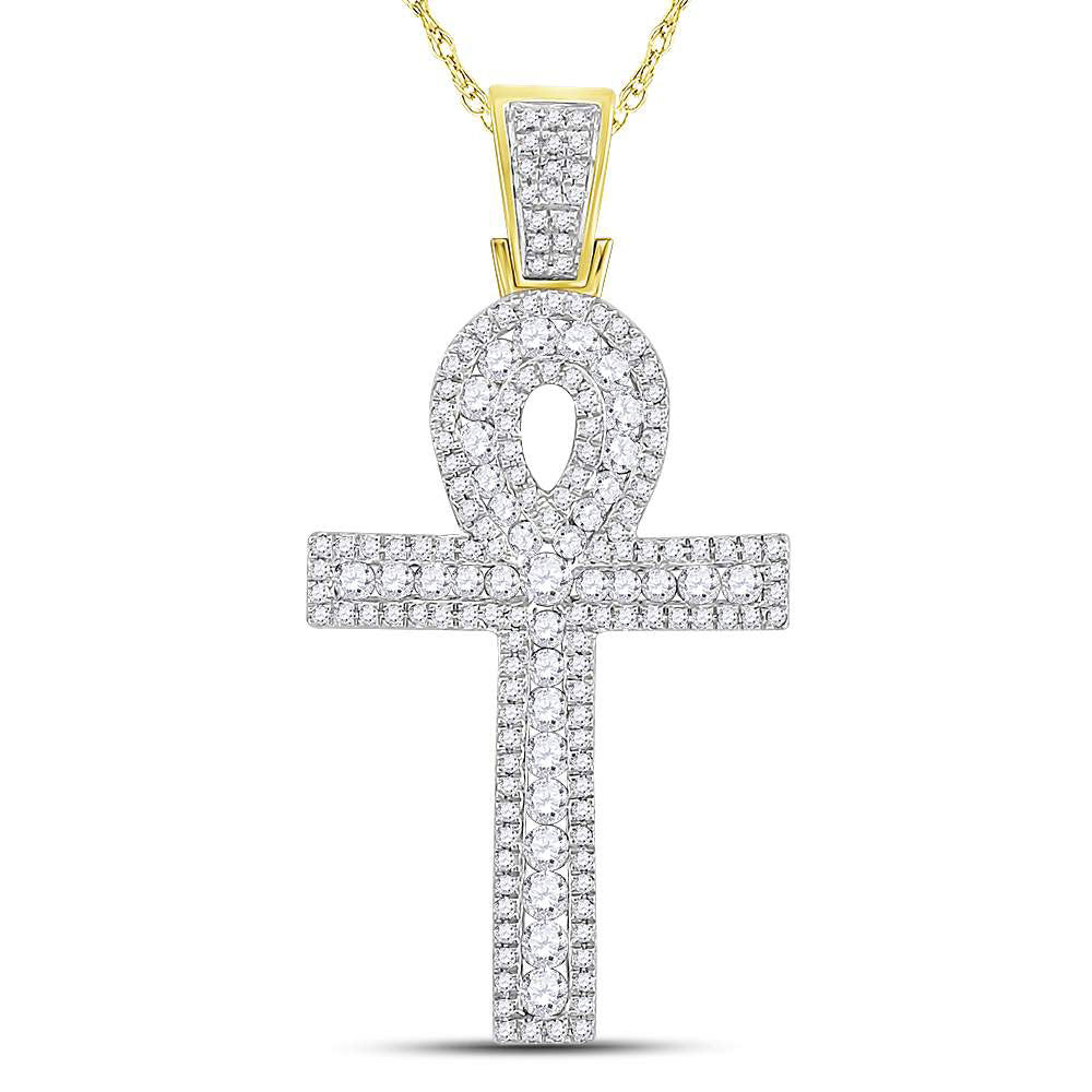 10K YELLOW GOLD ROUND DIAMOND ANKH CROSS CHARM PENDANT 1 CTTW