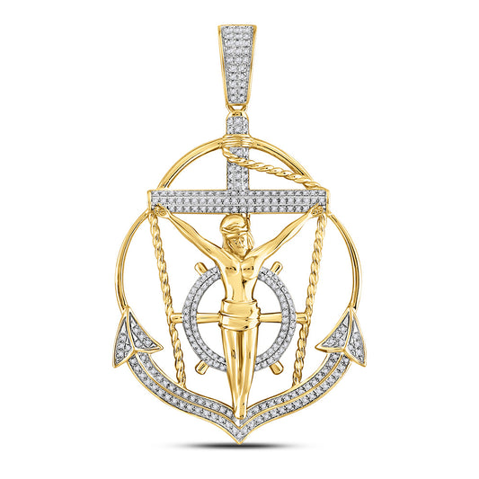 10K YELLOW GOLD ROUND DIAMOND ANCHOR JESUS CROSS CHARM PENDANT 1/2 CTTW