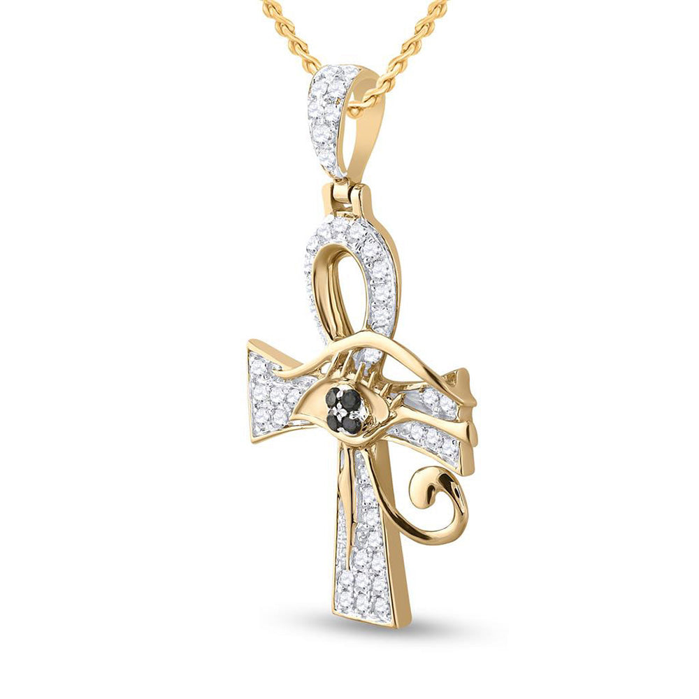 10K YELLOW GOLD ROUND BLACK DIAMOND ANKH CROSS CHARM PENDANT 1/2 CTTW