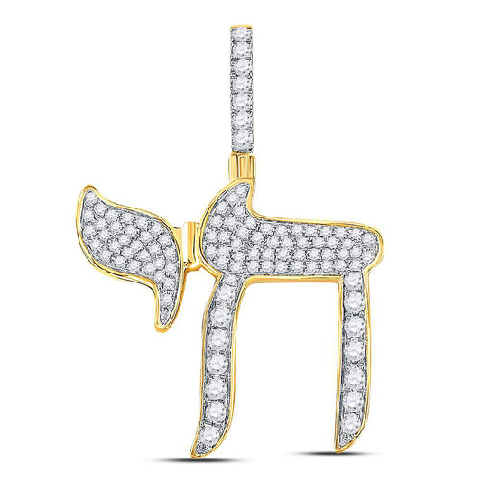 10K YELLOW GOLD ROUND DIAMOND JEWISH HEBREW CHAI CHARM PENDANT 3/4 CTTW