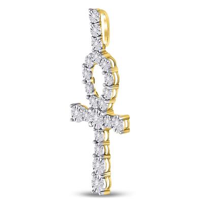 10K YELLOW GOLD ROUND DIAMOND ANKH CROSS CHARM PENDANT 1/5 CTTW