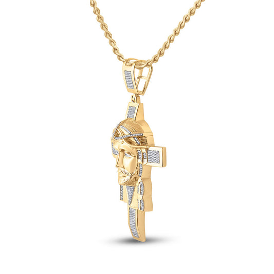 10K YELLOW GOLD ROUND DIAMOND JESUS FACE CROSS CHARM PENDANT 1-1/4 CTTW