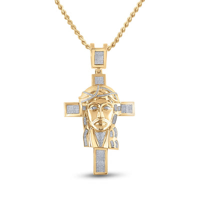 10K YELLOW GOLD ROUND DIAMOND JESUS FACE CROSS CHARM PENDANT 1-1/4 CTTW