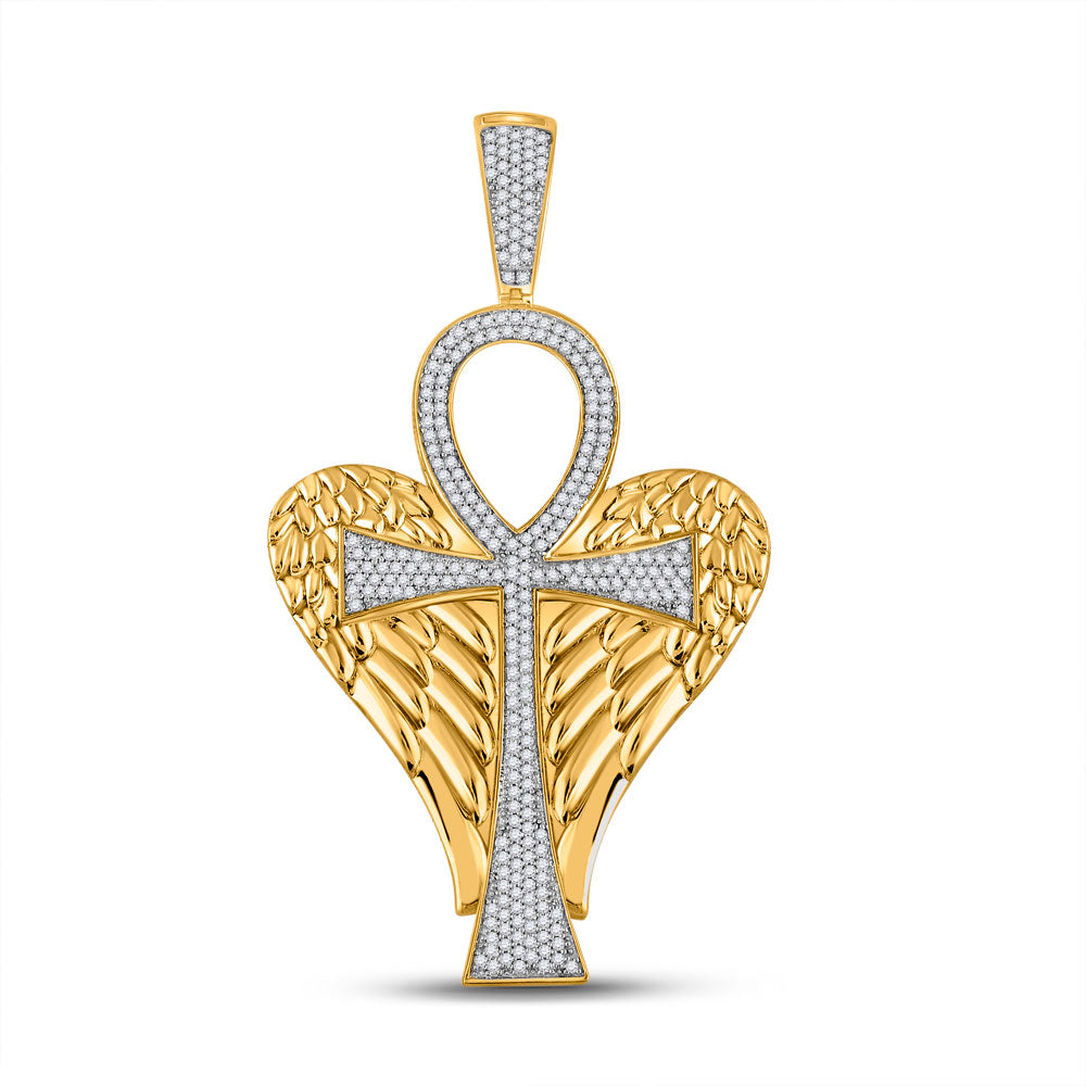 10K YELLOW GOLD ROUND DIAMOND ANKH WINGS CROSS CHARM PENDANT 3/4 CTTW