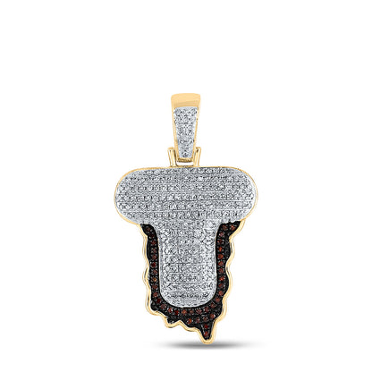 10K YELLOW GOLD ROUND RED DIAMOND LETTER T BLOOD CHARM PENDANT 5/8 CTTW