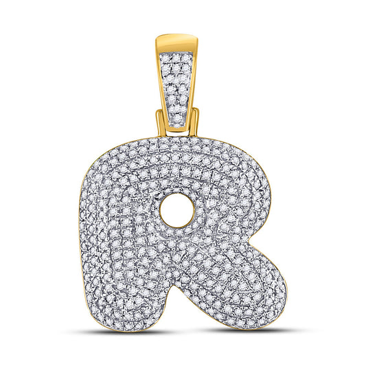10K YELLOW GOLD ROUND DIAMOND BUBBLE R LETTER CHARM PENDANT 7/8 CTTW