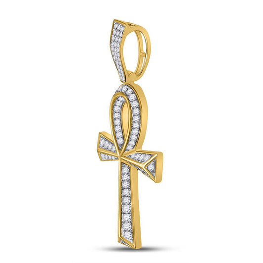 10K YELLOW GOLD ROUND DIAMOND ANKH CROSS CHARM PENDANT 1-3/4 CTTW