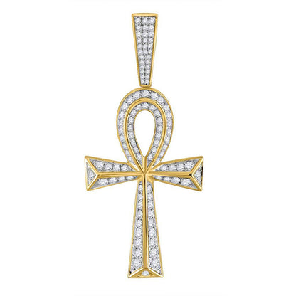 10K YELLOW GOLD ROUND DIAMOND ANKH CROSS CHARM PENDANT 1-3/4 CTTW