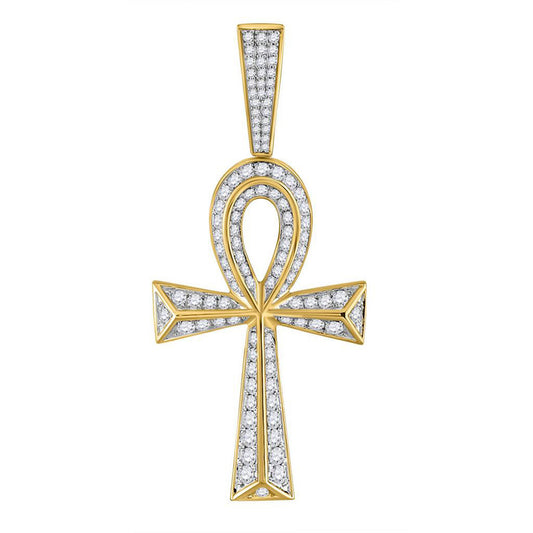 10K YELLOW GOLD ROUND DIAMOND ANKH CROSS CHARM PENDANT 1-3/4 CTTW
