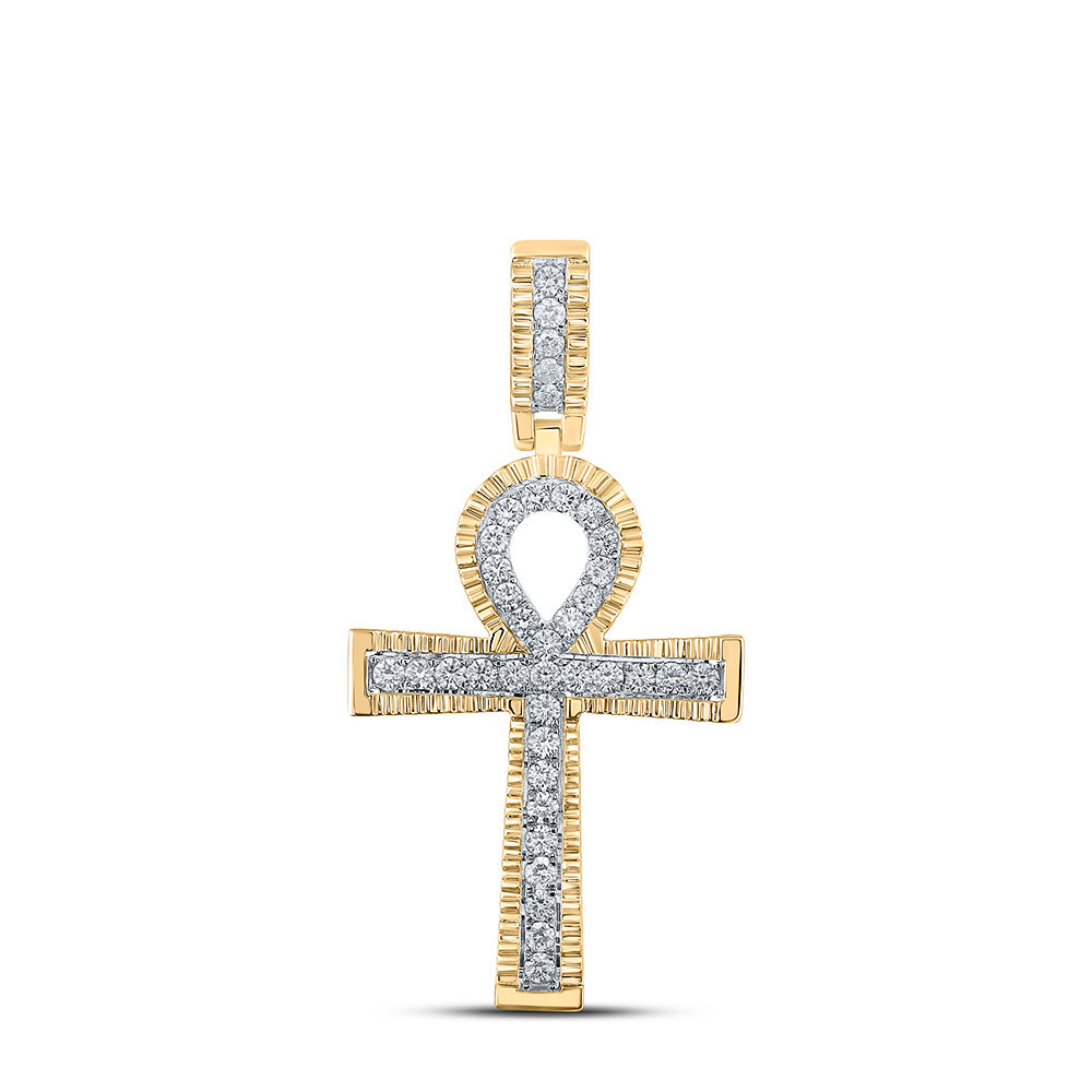 10K YELLOW GOLD ROUND DIAMOND ANKH CROSS CHARM PENDANT 1 CTTW